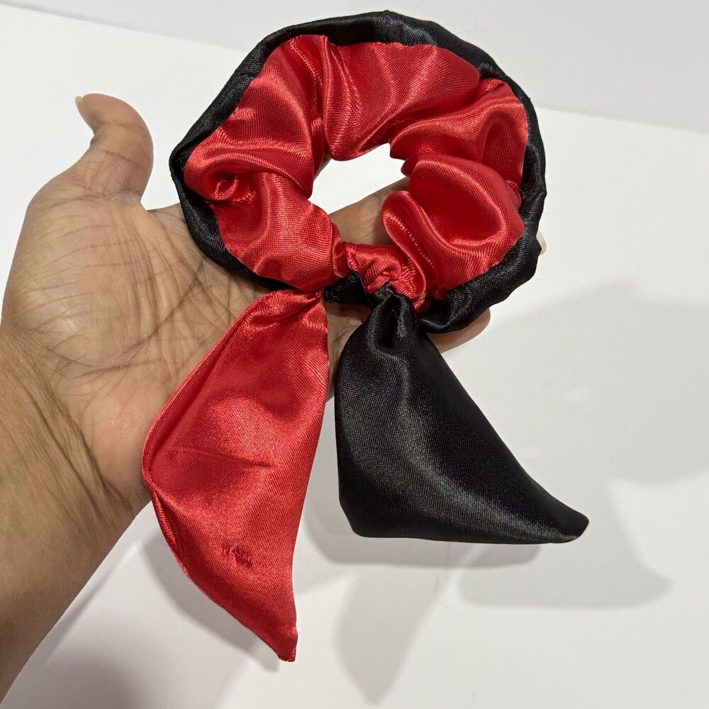 Handmade Red Black Satin Scrunchie Scarf Bow Hair Tie Ponytail Holder - Picture 8 of 11
